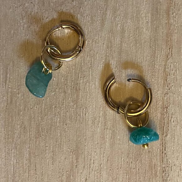 Handmade Genuine Green Aventurine Hoop Earrings GOLD STAINLESS STEEL Crystal Gem - Picture 1 of 2
